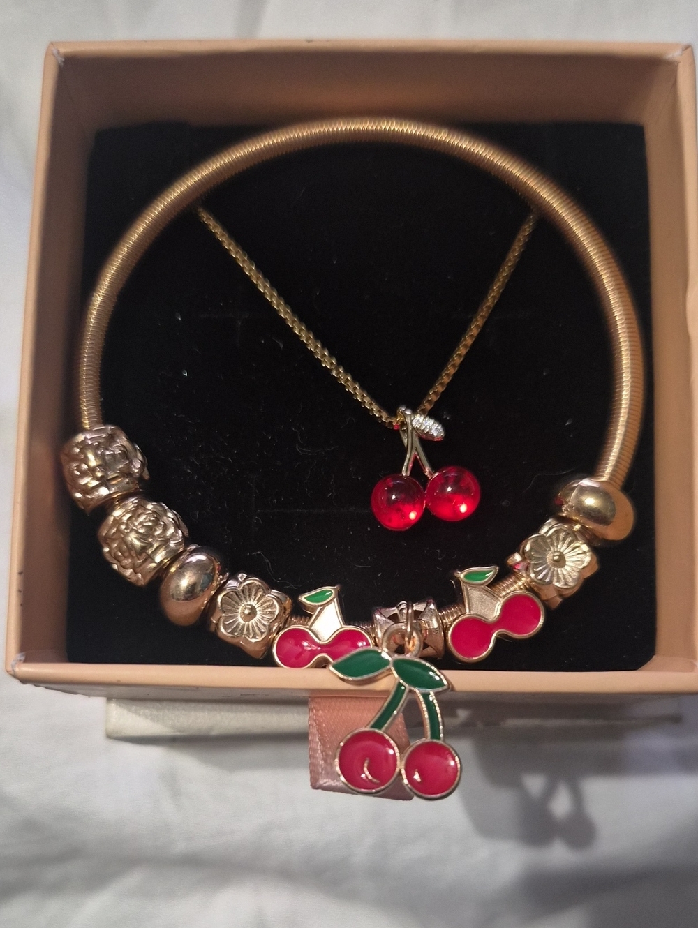 Gold-Tone Cherry Pendant Necklace with Red Enamel Accents & Bracelet